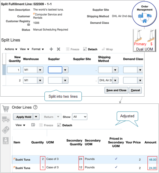 明細を2つの明細に分割します。1つは数量が1で、もう1つは数量が2です。