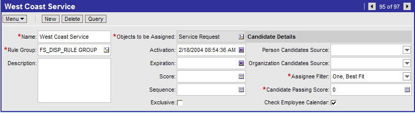 A Field Service Assignment Rule with the Check Employee Calendar Field Activated: This image is described in the surrounding text.