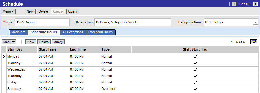 The Schedule Hours view tab: In this image, the schedule for Monday to Friday is 7am to 7pm and Type is Normal. For Saturday, the schedule is 7am to 7pm and the Type is Overtime.