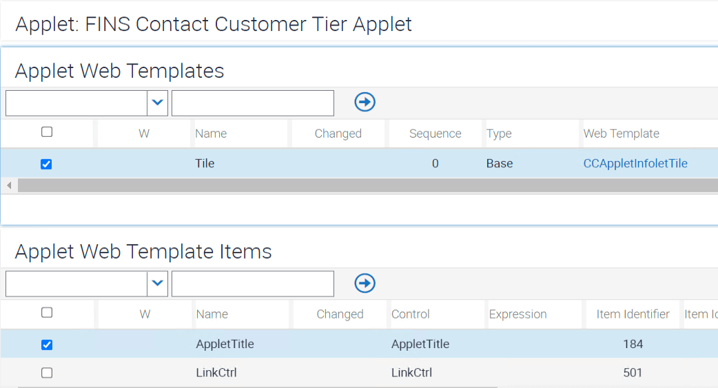 Sample configuration of applet web template and web template items for FINS Contact Customer Tier Applet: This image is described in the surrounding text.