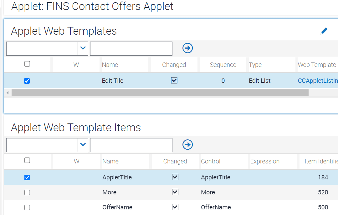 Sample configuration of applet web template and web template items for FINS Contact Offers Applet: This image is described in the surrounding text.