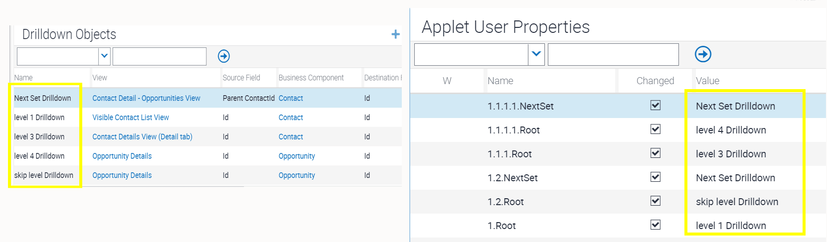 Example of applet user properties to support drilldown for hierarchy applet: This image is described in the surrounding text.