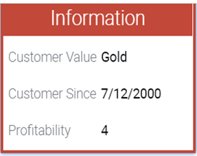 Infolet displaying multiple fields: values for the Customer Value, Customer Since, and Profitability fields for a contact