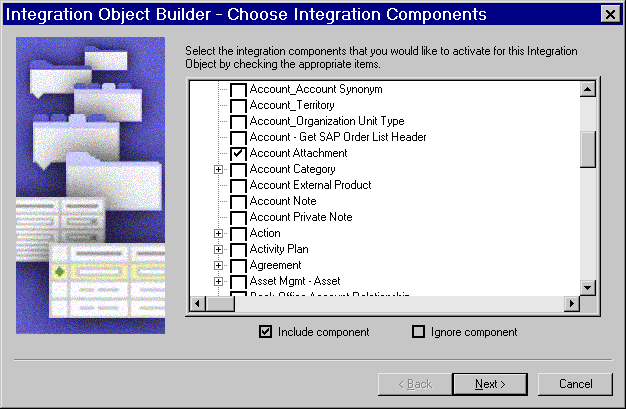 Integration Object Builder - Choose Integration Components: In this image, the Account Attachment check box is selected.