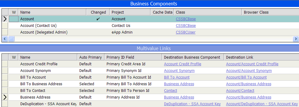 Destination Business Component. This image has two list applets: Business Components followed by Multivalue Links. The first record in the Business Components list is active and has the value Account in the Name field. The active record in second list applet has the following values for fields: Name: Business Address and Destination Business Component: Business Address.