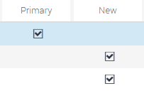Example of Check Boxes: This image shows 2 columns (a Primary column and a New column) and three rows. In the first row, the check box in the Primary column is selected. In the second and third rows, the check box in the New column is selected.