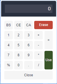 This example image of the calculator contains the following elements: (1) Display area. (2) Number keys (0-9). (3) Basic Operators, including plus (+), minus (-), multiply (*), divide (/), equals (=), percent (%). (4) Buttons: BS (backspace), CE (clear entry), CA (clear all), Erase, Use, Close.
