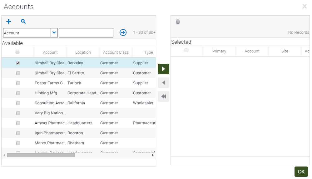 Example of a Multiple Selection Dialog Box for Accounts: This image contains the following elements: (1) An Available box, which contains a list of all the available accounts. (2) A Selected box, which contains a list of the selected accounts. (3) The following navigation buttons in between the Available and Selected boxes: Add, Remove, Remove All. (4) An OK button.