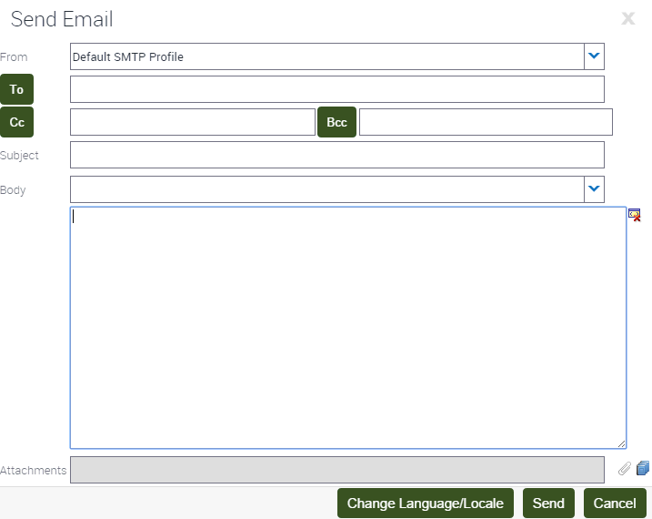 This image contains the following elements (1) An input box for the message. (2) The following fields: From, To, CC, Bcc, Subject, Body. (3) The following buttons: Send, Cancel, Change Language Locale.