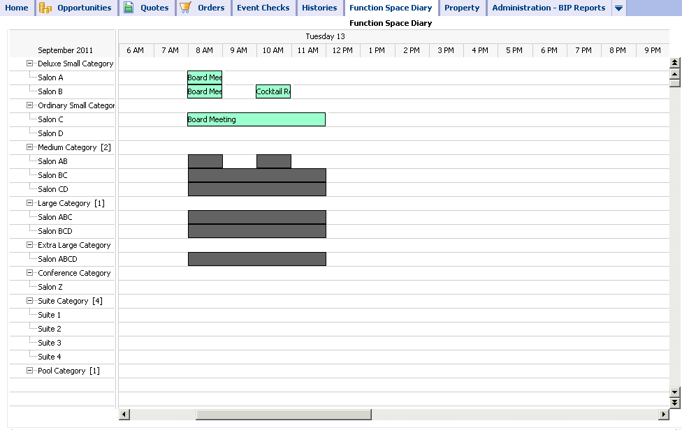 Function Space Diary Screen: This image shows the meetings scheduled for and the blocked out time for Tuesday 13 September.