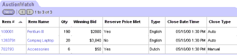 Example of the DotComAppletListTabbed Template. This image shows an applet with a tab titled AuctionWatch. After AuctionWatch, there is a list of products. There are seven columns with the following headings: Item #, Item Name, Qty Winning Bid, Reserve Price Met, Type, Close Date/Time, and Close Type.