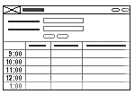 Generic Layout of the AppletCalendarDaily (Portal) Template. In this image, the template has two sections. In the beginning section, there are label and field pairs. The second part of the template shows a condensed calendar view with four columns. Times are listed in hourly increments in the first column. The second, third and fourth columns have fields with no data in them.