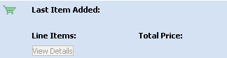 Example of the Real-Time Shopping Cart Template. In this image, there is an graphic of a shopping cart at the near corner of the beginning of the image. Field titles appear in two columns. In the first column, there is: Last Item Added and Line Items. In the second column, there is: Total Price.