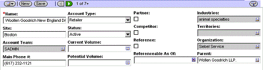 Example of the Child Style That Some Four Column Templates Use. In this image of a child form applet, the applet has four columns with fields. There are buttons at the beginning of the applet.