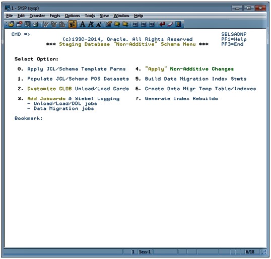 The Staging Database Non-Additive Schema Menu options are: 0. Apply JCL/Schema Template Parms, 1. Populate JCL/Schema PDS Datasets, Customize CLOB Unload/Load Card, 3. Add Jobcards and Siebel Logging (Unload/Load/DDL jobs, Data Migration jobs), 4. Apply Non-Additive Changes, Build Data Migration Index Stmts, 6. Create Data Migr Temp Table/Indexes, Generate Index Rebuilds.