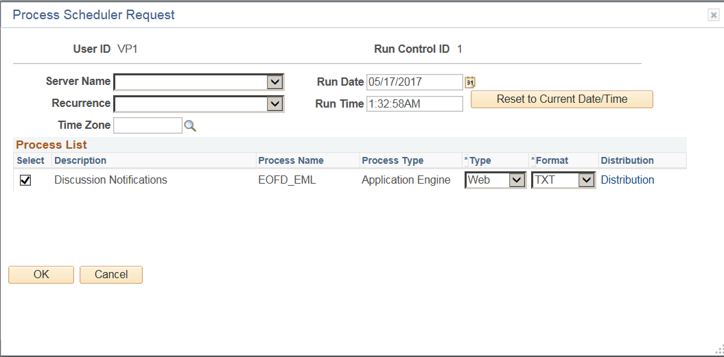 Process Scheduler Request modal window