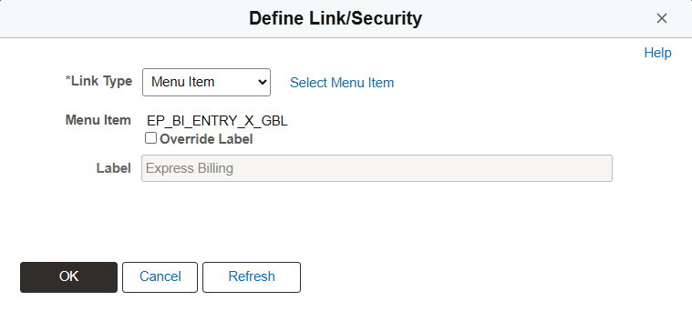Define Link/Security page (Menu Item link type)