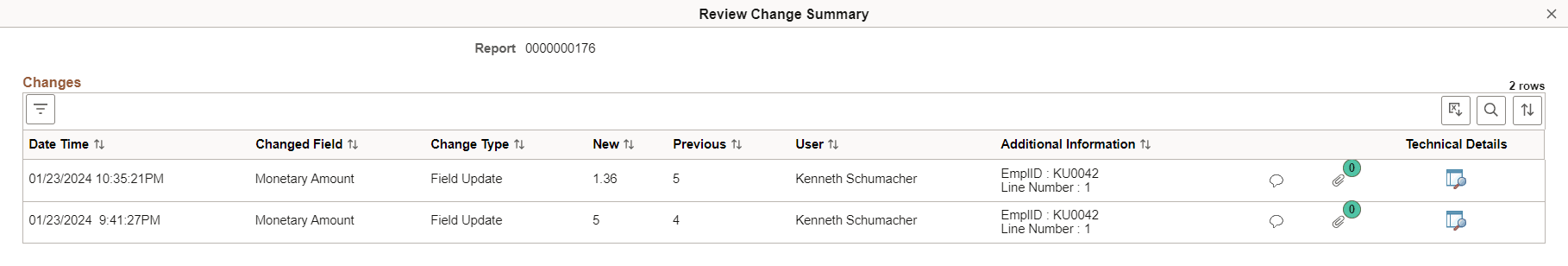 Expense Entry - Review Change Summary