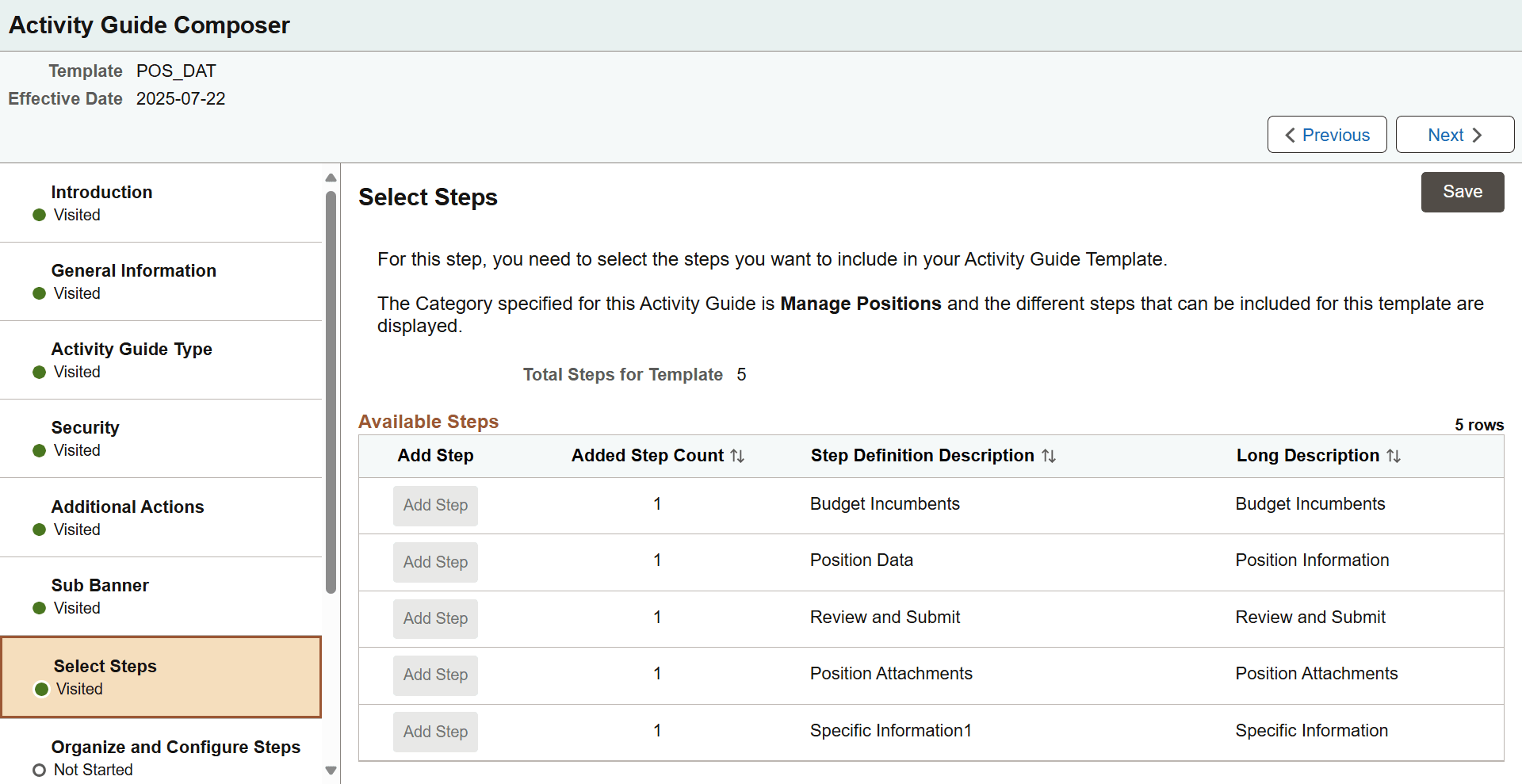Activity Guide Composer - Select Steps Page for a single component