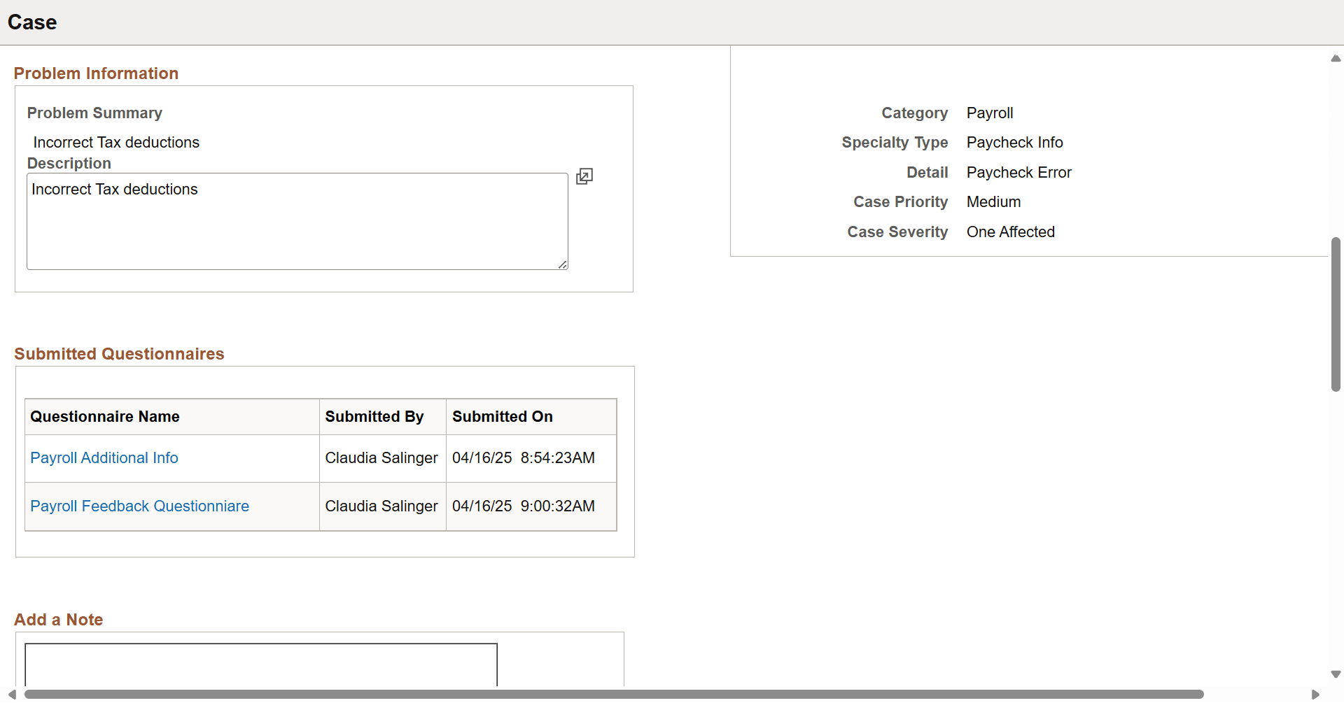 Submitted Questionnaires section on the Case Details page