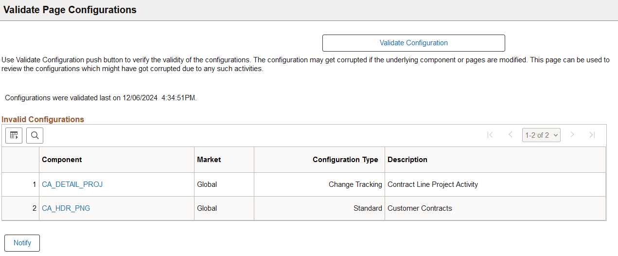Validate Page Configurations page