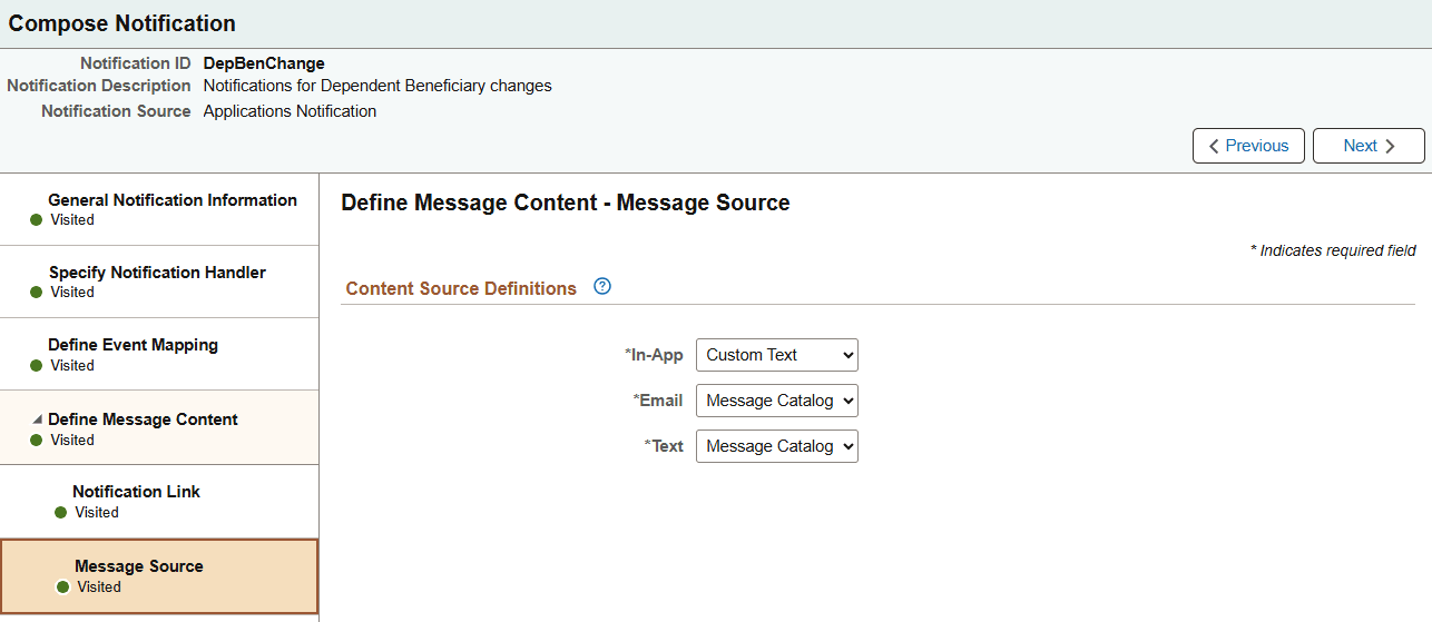 Compose Notification - Define Message Content - Message Source page