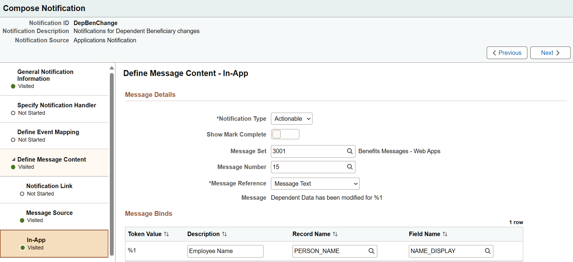 Compose Notification - Define Message Content - In-App page (with Message Catalog source, Actionable type)