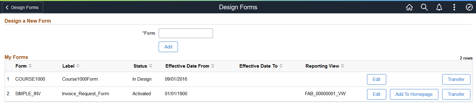 Design a New Form page