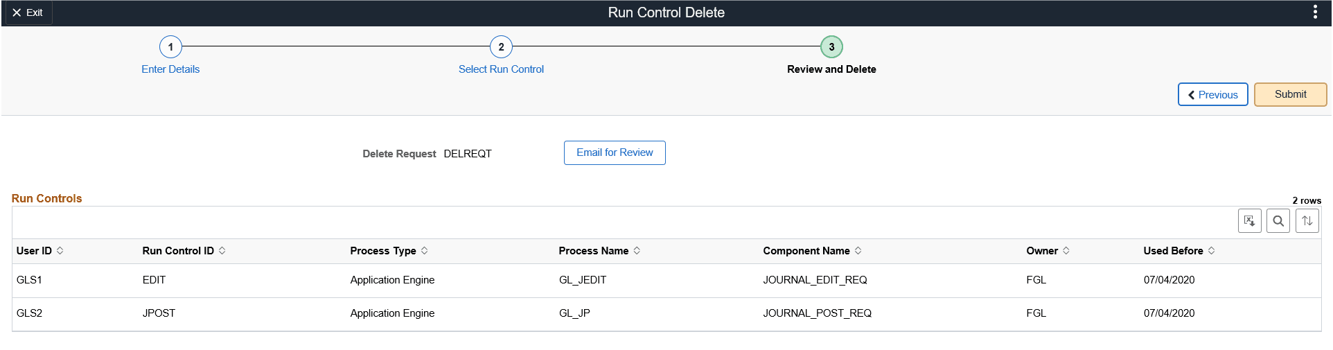 Review and Delete page