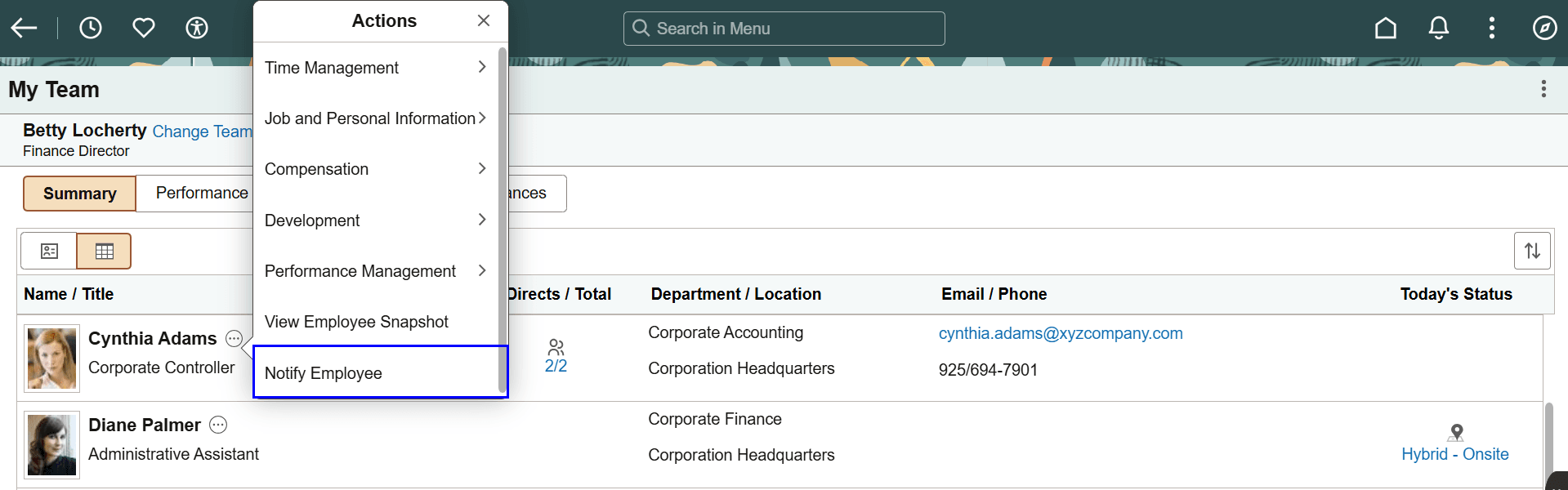 Sending notifications using related action on the My Teams page