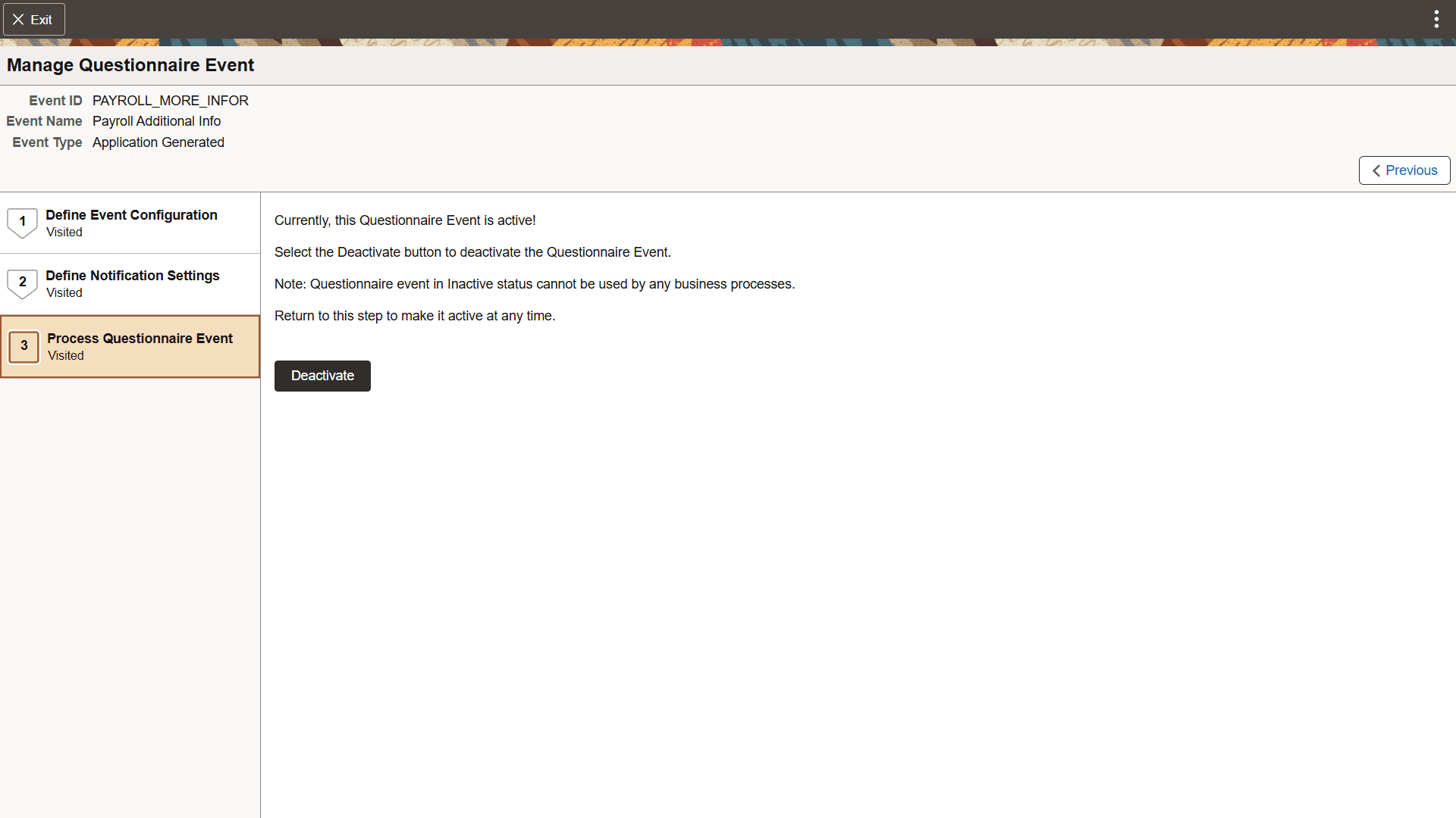 Process Questionnaire Event page after activation
