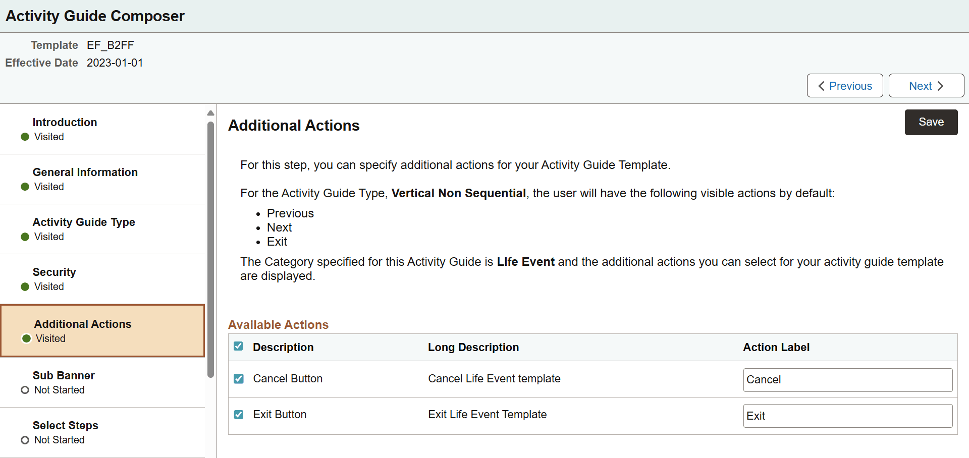 Activity Guide Composer - Additional Actions page