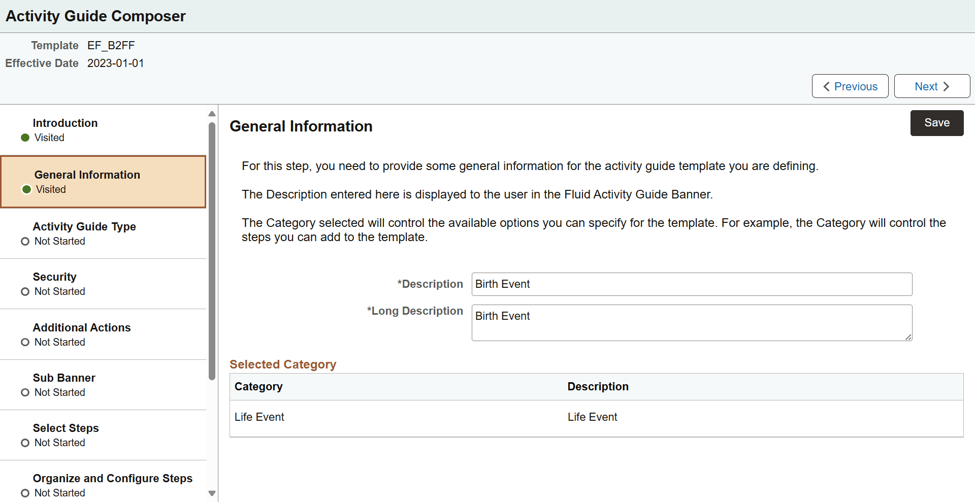 Activity Guide Composer - General Information page for an existing template