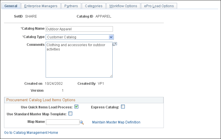 Maintain Catalogs - General page