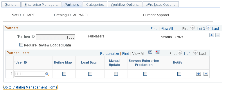 Maintain Catalogs - Partners page