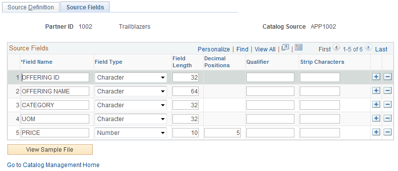 Maintain Catalog Sources - Source Fields page