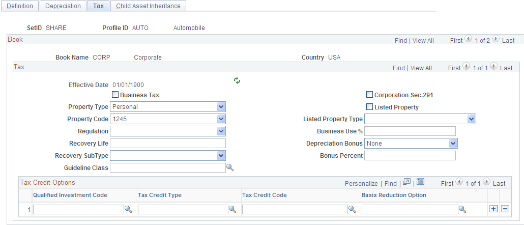 Asset Profiles - Tax page
