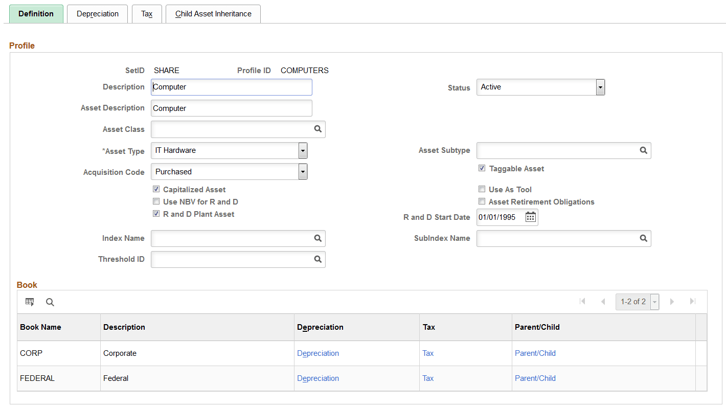 Asset Profiles - Definition page