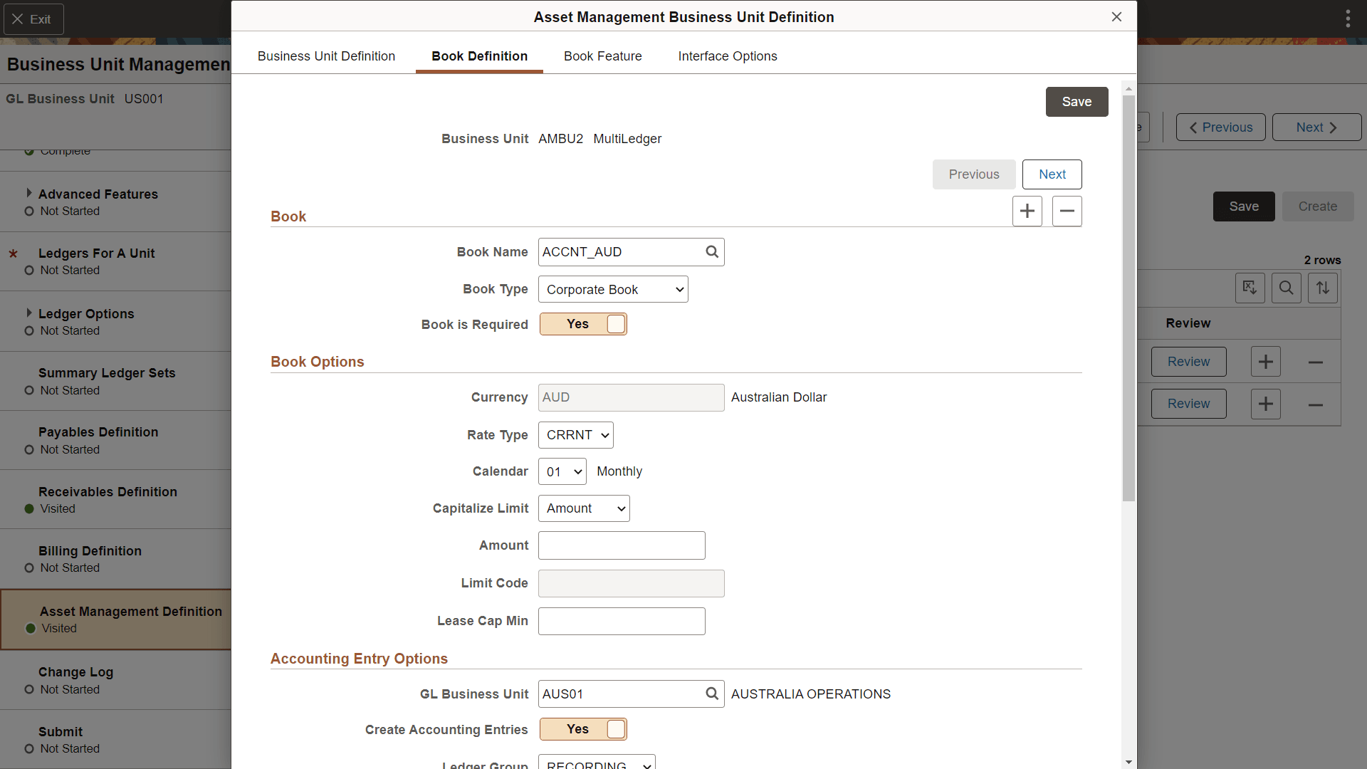 Business Unit Management - Book Definition page
