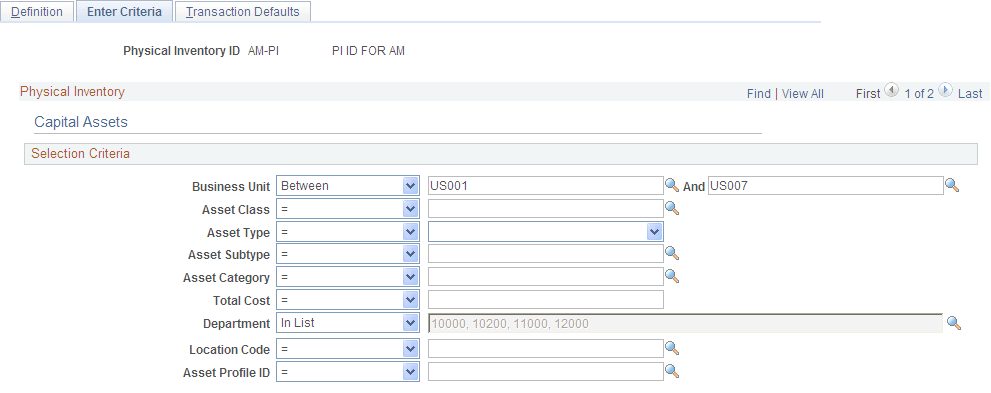 Define Inventory Occurrence - Enter Criteria page