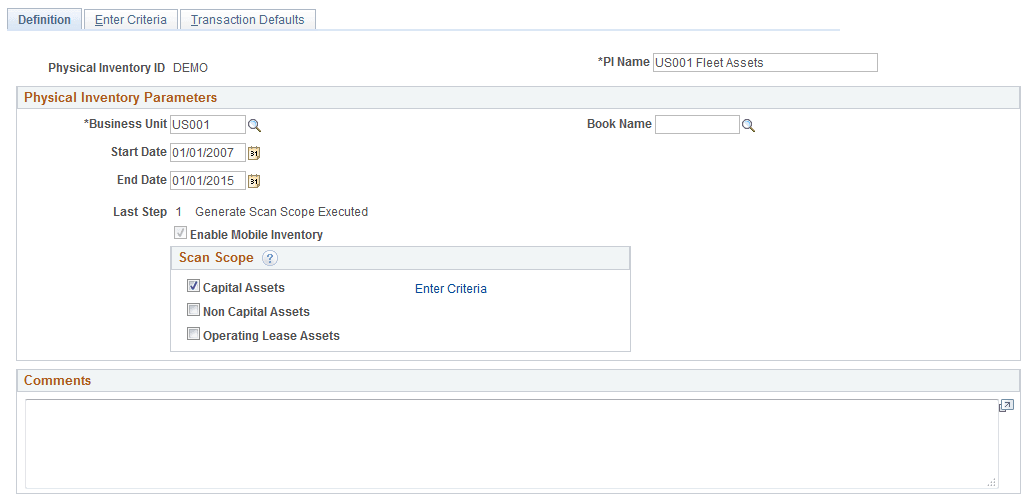 Define Inventory Occurrence - Definition page