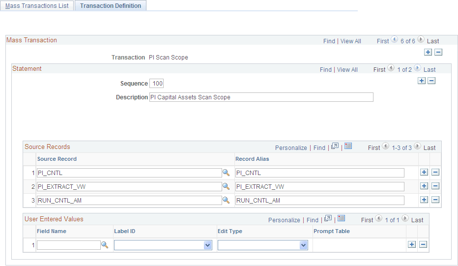 Mass Transaction Definition - Transaction Definition page