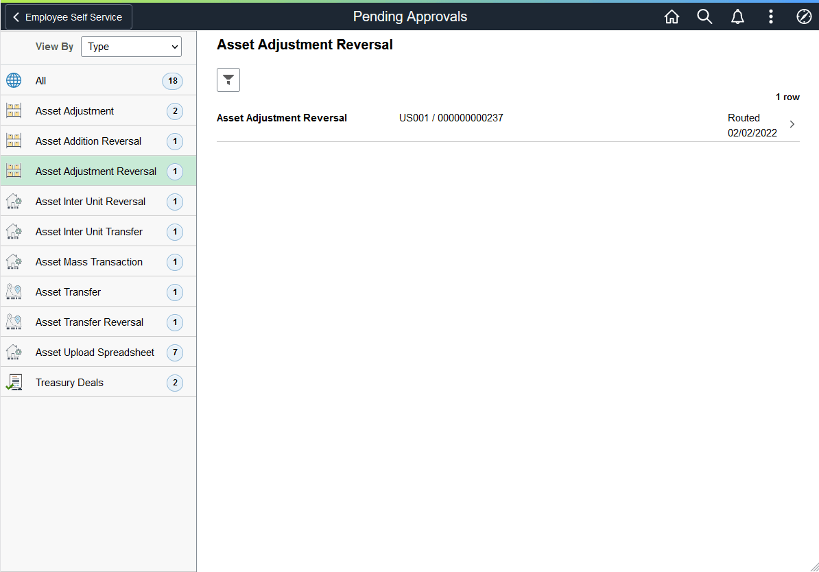 Pending Approvals - Asset Adjustment Reversal page