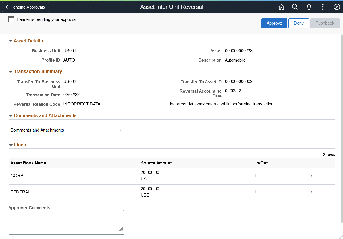 Asset InterUnit Reversal - Approval Header Detail page