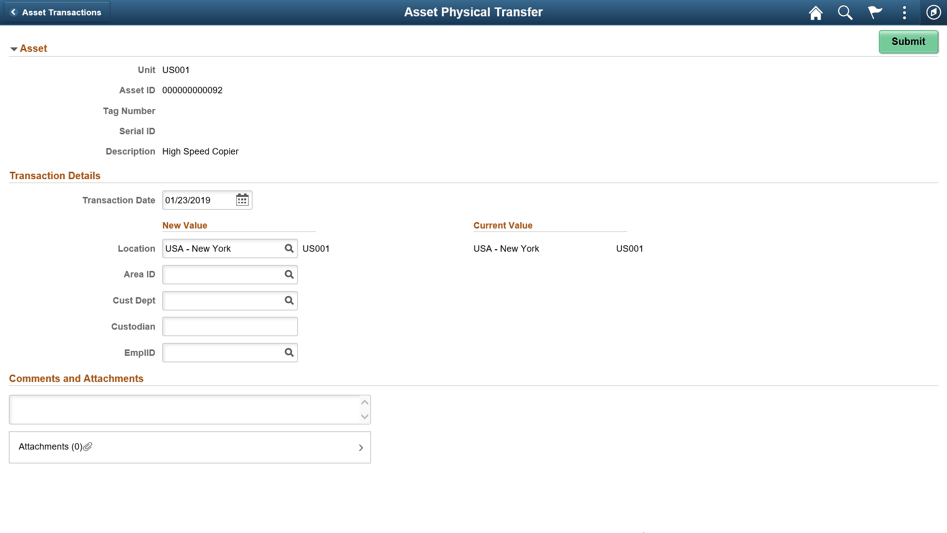 Asset Physical Transfer page