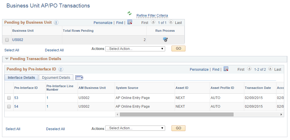 AM WorkCenter - Business Unit APPO Transactions page (1 of 2)