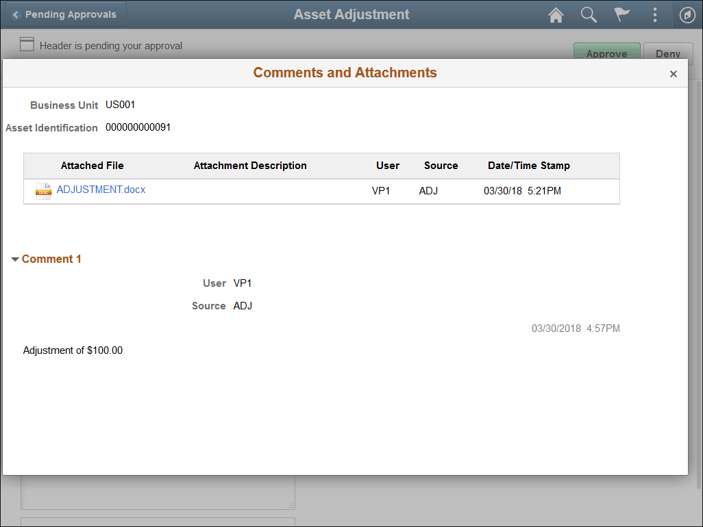 Asset Adjustment Approval Header Detail - Comments and Attachments secondary page