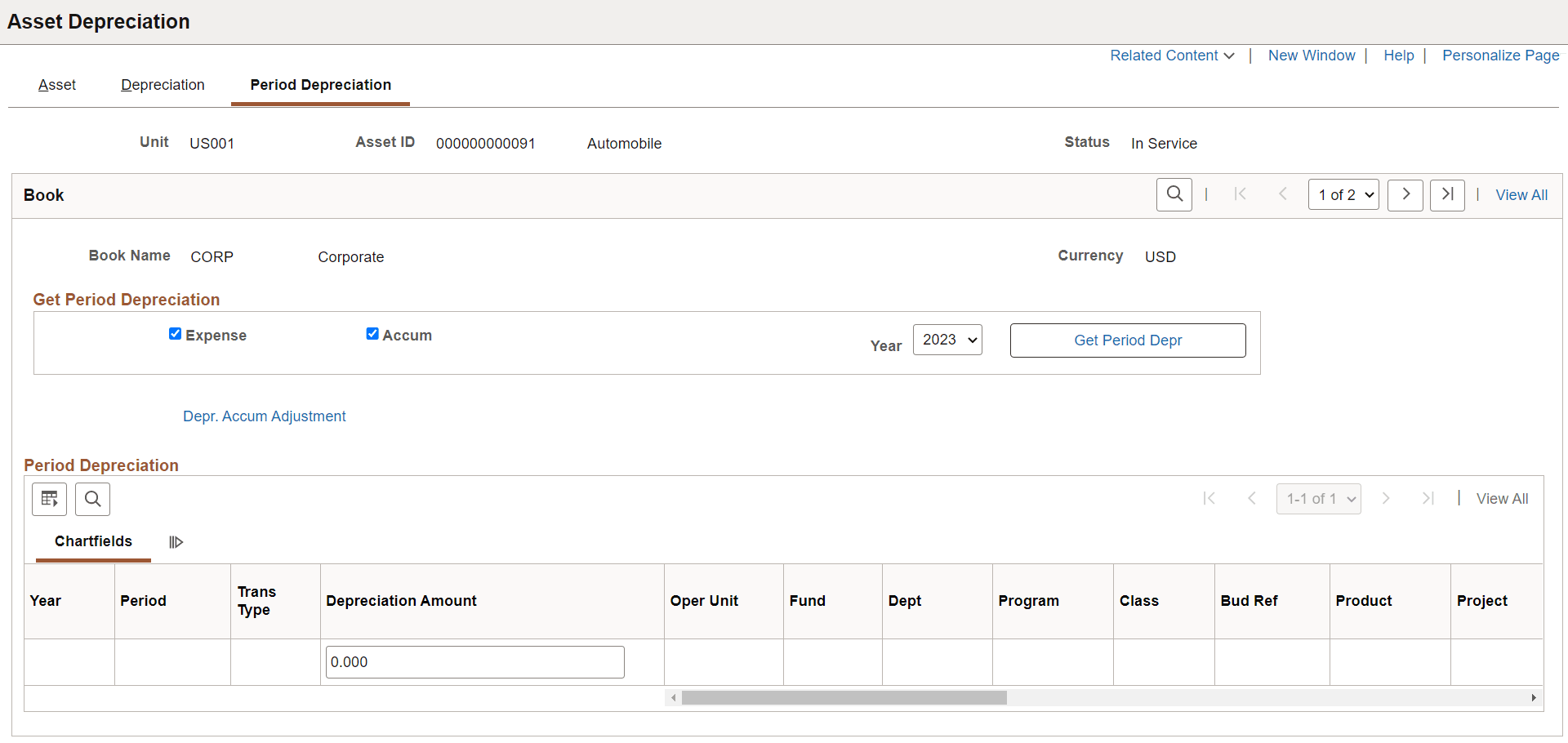 Asset Depreciation - Period Depreciation page