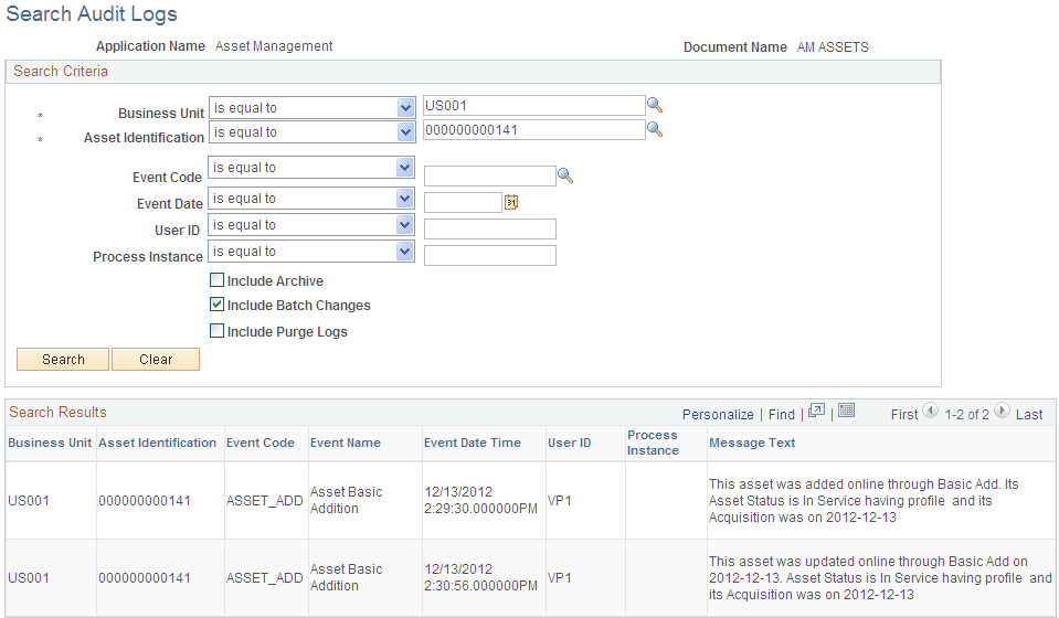 Search Audit Logs page