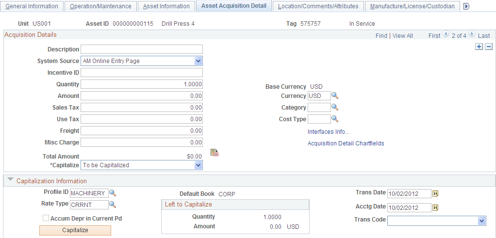 Asset Acquisition Detail page